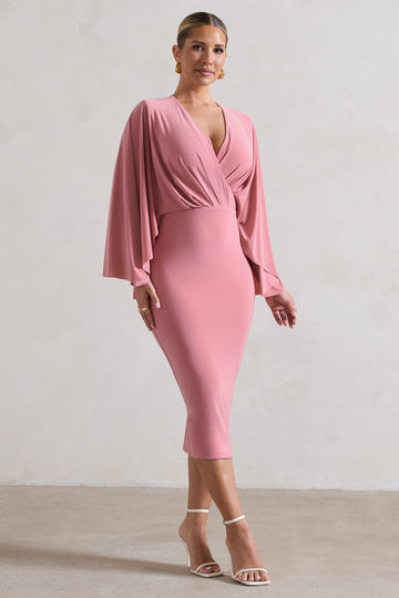 Mishka Blush Pink Plunge-Neck Cape Midi Dress